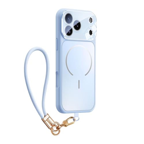 Coque silicone iPhone 17 Pro bleu avec dragonne et charge sans fil