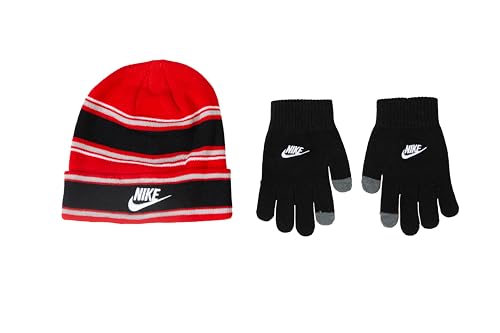 Nike Big Kids Stripe Beanie & Gloves 2-Piece Set - Black/Red - One Size Fits All (8-20)