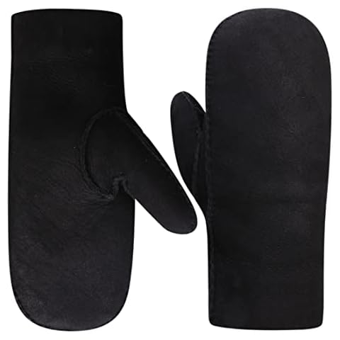Harssidanzar Men's Leather Mittens,Winter Warm Genuine Suede Leather Sheepskin Shearling Lined Mittens Gloves KM044UK,Black,Size M Cover