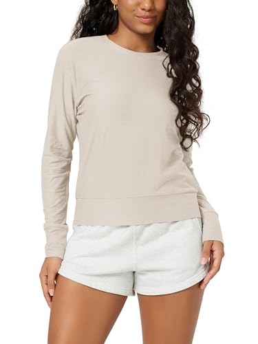 ODODOS Womens Long Sleeve Crewneck Tee - Ultra Soft odSTRATUM Tech Performance T-Shirts UPF 50+ Everyday Pullover Tops Ecru Heather Small