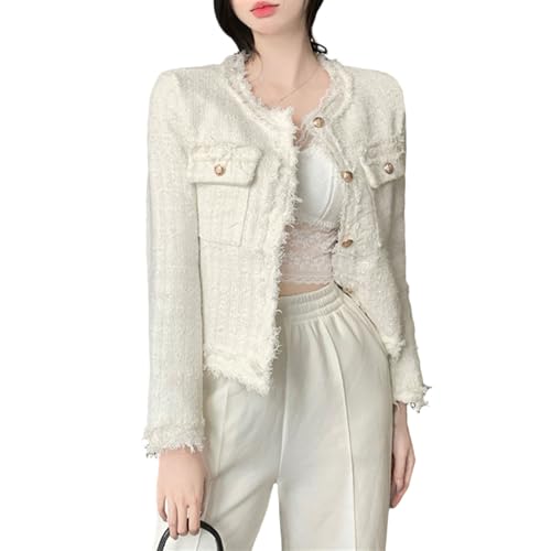 SHINROAD Chaqueta de primavera para mujer, estilo famoso, cuello redondo, manga larga, cárdigan de un solo botonadura, abrigo rasgado para otoño e invierno, blanco, M