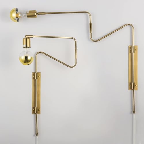 Image of Brass Plug in Wall Sconce Set of 2, Modern Swing Arms Plug-in Bedroom Living Room Wall Lamp Industrial Adjustable Wall Sconces Lighting