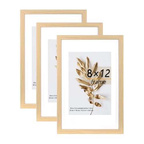 Hogaryo 8x12 Picture Frame Natural 3 Pcs set can Display Picture 6x8 with Mat