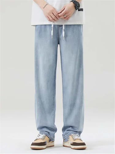 Hndudnff Men's Casual Elastic Waist Jeans Summer Thin Straight-Leg Stretchy Wide-Leg Denim Pants3