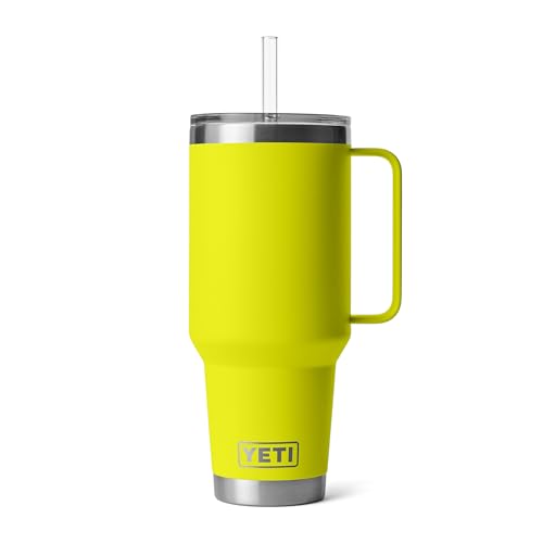 Image of YETI Rambler 42 oz Tumbler with Handle and Straw Lid, Travel Mug Water Tumbler, Vacuum Insulated Cup with Handle, Stainless Steel, Firefly Yellow