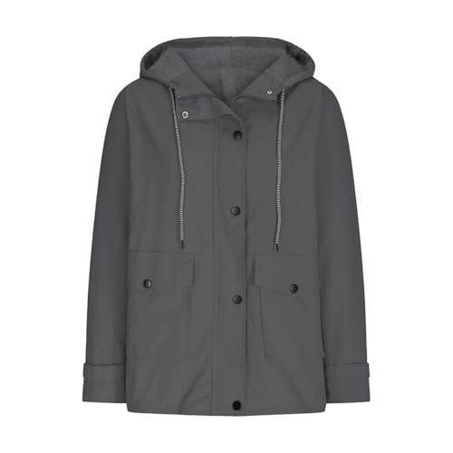 Women's Hooded Jacket Fleece Lined Waterproof Windproof Coat with Pockets Mid Length Button Warm Jacket Ideal for Cold Rainy Days Commute Outdoor Adventures (Grey, S)