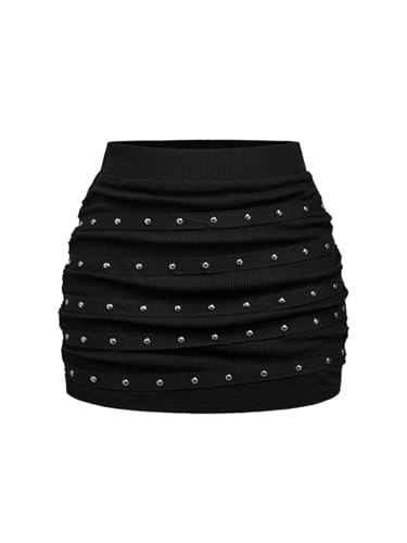 Women's Rivet Skinny Mini Skirt Y2k Ruched Studded Bodycon Party Club Going Out Skirts