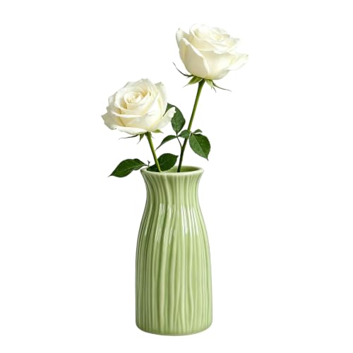Cute Green Ceramic Bud Vase, Ribbed Modern Flower Vase, Small Decorative Vases for Centerpieces & Room Decor