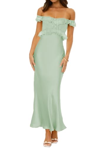 Satin Off The Shoulder Sleeveless Lace Trim Maxi Dress 2025