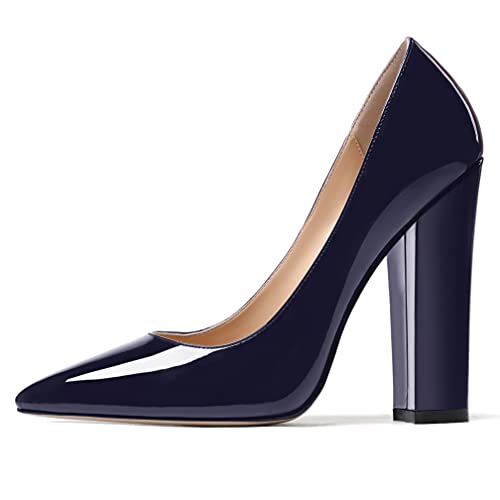 WAYDERNS Women's Solid Pointed Toe Slip On Thick Patent Block High Heel Pumps Shoes 4.7 Inch2