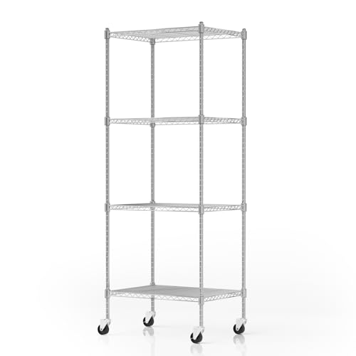 Image of Garage Shelving with Wheels, 4 Tier Shelving Unit and Adjustable Feet, 865 lb High Capacity Rolling Storage Shelf for Kitchen, Office, Dining Room, Garage, Chrome