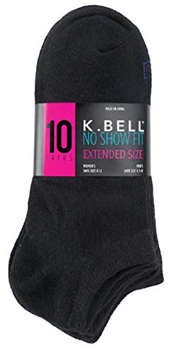 K. Bell Ladies' No Show Sock, 10-pair, Extended size, Shoe Size 8-12