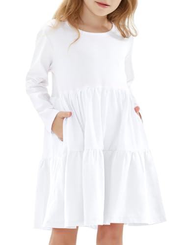 Noomelfish Girls Long Sleeve Tiered Dress Loose Flowy Ruffle Swing Dresses with Pockets (4-12 Years)