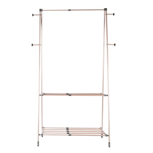 Beldray LA086174EU7 Clothing Garment Rack With Shelves - Freestanding Hanging Clothes Rail, 92cm Extendable Coat Rack, Foldable Twin Pole With 4 Side Hooks & 2-Tier Storage Shelf, Grey/Rose Gold