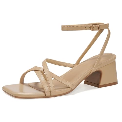 YULVSHOE Nude Heels Square Open Toe Low Block Heeled Dress Ankle Strap Pumps Wedding Sandals for Women