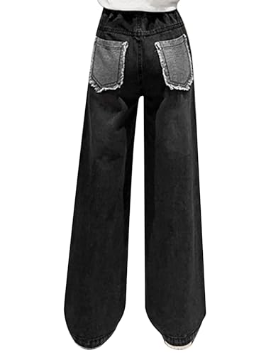 Hularka Kids Girls Denim Jeans Casual Wide Leg Trousers Distressed Washed Denim Pants with Raw Edge Heart-Shaped2