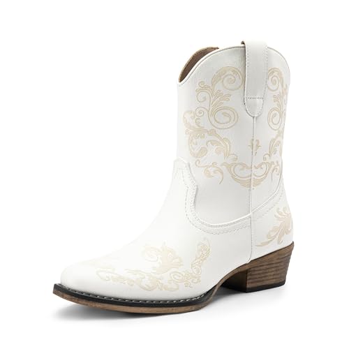 DREAM PAIRS Women's Cowboy Cowgirl Western Ankle Boots Low Chunky Heels Square Toe Fall Short Booties Shoes 7 White