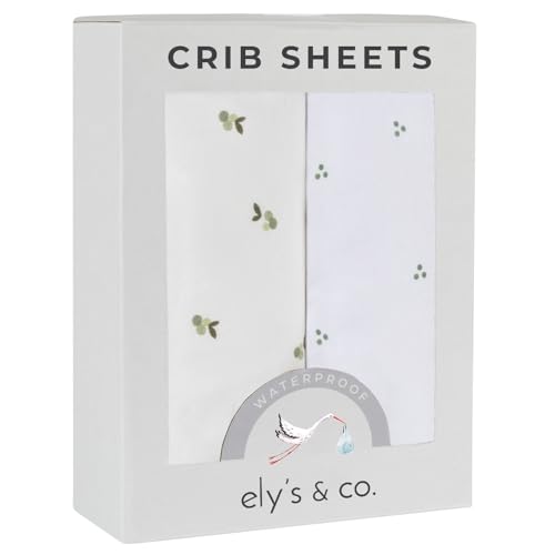 Image of Ely's & Co. Patent Pending Waterproof Pack and Play Sheets, 100% Cotton with Waterproof Lining – 2 Pack Fitted Mini Crib Sheet Set, Berry and Cluster Dot (Sage) 38” x 24”