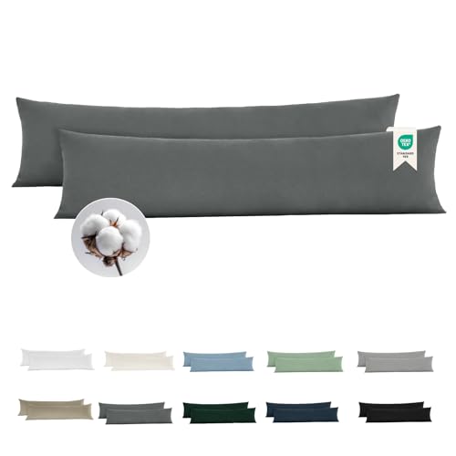 BEDELITE Seitenschläferkissen Bezug 40 x 145 Baumwolle - Kissenbezug Grau 40x145 2er Set weiche Oeko-Tex Bezug 145x40 Anthrazit für Stillkissen seitenschläfer Kissen mit extra Lange Reißverschluss