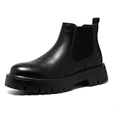 NEKGNL Men's Genuine Leather Chunky Platform Chelsea Dress Boots Luxury Round Toe lug sole Slip-On Outdoor Non Slip Shock Work Ankle Boots (Black,7)