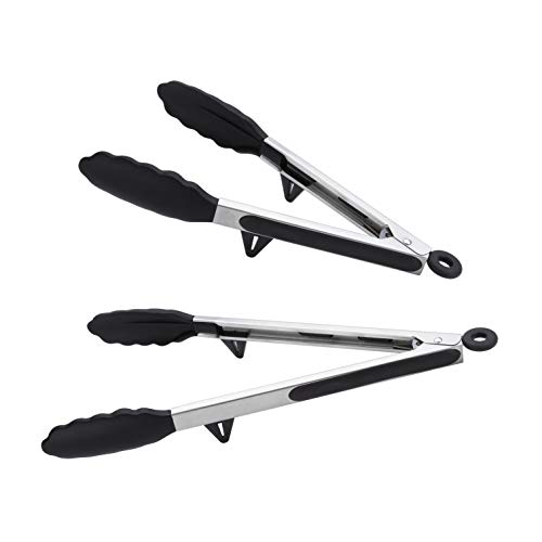 LISRSC Ensemble de Pinces pour Barbecue (9"et 12"), Pince de Cuisine Haut de Gamme avec Support Intégré, Pinces de Cuisson avec Embouts en Silicone, pour Les Grillades, La Salade, Buffet (Noir) Cover