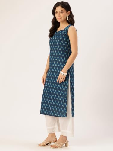Image of feranoid Women's Pure Cotton Floral Print Straight Kurti | Elegant Curved V-Neck | Sleeveless Calf-Length Ethnic Wear | Comfortable Regular Fit | Sizes XS-XXL