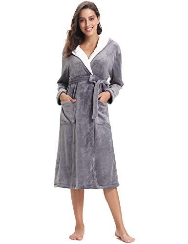 Migcaput Bata Mujer Invierno Polar Batas Albornoces y Batas para Mujer Súper Suave Cálido con Cinturón y Bolsillo Loungewear Gris,S Cover