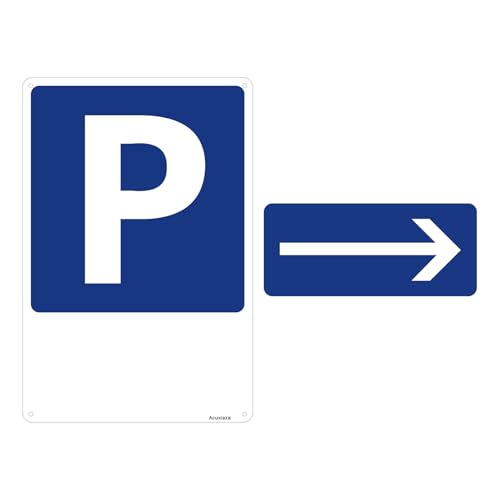 Acuxiaza Cartel de aparcamiento con flecha a la derecha, de aluminio compuesto de 3 mm. 20 x 30 cm. Señal de aparcamiento, señal de aluminio azul. Para uso exterior o interior, se puede instalar en la