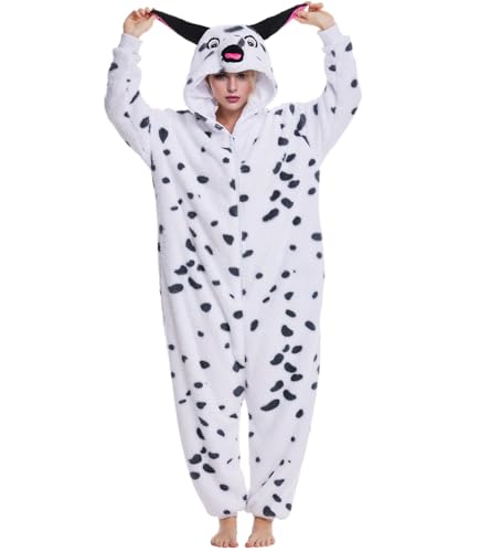 Focupaja Unisexe Pyjama Dalmatien Adulte Combinaisons Cosplay Animaux Tenues de Halloween Costume de Fête Onesie Novelty Homewear Blanc M