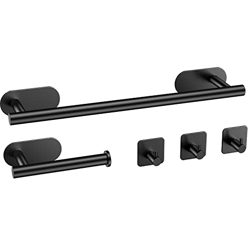 Self Adhesive Towel Bar，Toogond 5-Pieces Matte Black Bathroom Hardware Set Sus304 Stainless Steel Round Wall Mounted - Includes 16-Inch Bath Towel Bar,Toilet Paper Holder & 3 Packs Towel Hooks #TOP4