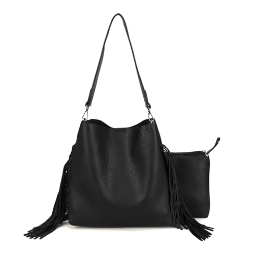 Black Faux Leather Hobo Shoulder Bag with Tassel, Stylish Purse & Handbag for Women, Lightweight Large Tote with 2PC