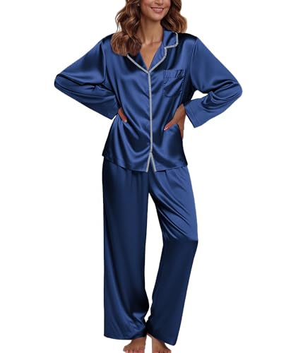 Image of Ekouaer Pajamas For Women Set Silk Pjs 2 Piece Satin Sleepwear Long Sleeve Button Down Lounge Sets With Pant