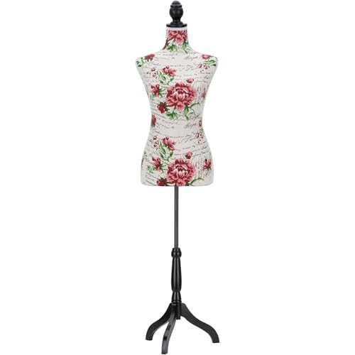 Semplix Deko Schneiderbüste Schneiderpuppe aus Styropor (EPS) mit Baumwollbezug & Holzstativ höhenverstellbar Elegante Schneiderpuppe für Atelier Boutique & Dekoration (Rosendruck)