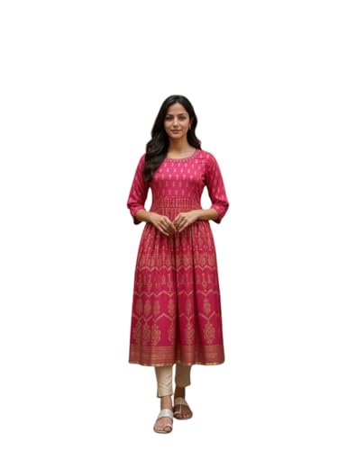 Kurti Broderie Anarkali en Viscose Rose Robe Kurta Femme XL Longue Chic Vêtement Ethnique Rangita