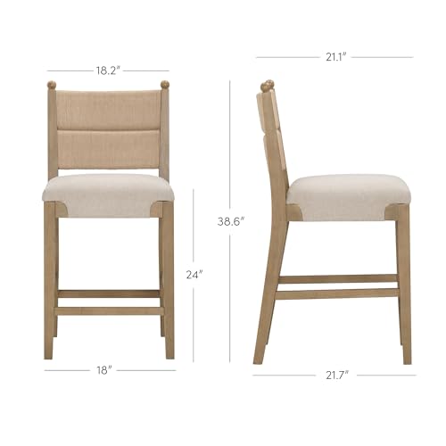 Image of Nathan James Cove Seagrass Counter Stool Wood Upholstered Bar Stool with Natural Flax Cushion and Seagrass Backrest, Light Brown