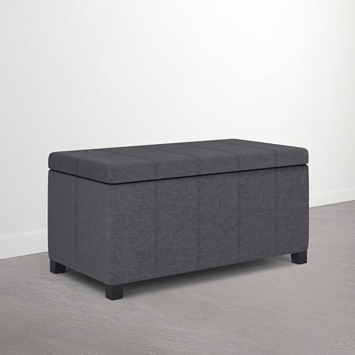 SIMPLIHOME Dover Storage Ottoman Bench - 36 inch Wide Upholstered Linen Look Fabric Rectangle Storage Ottoman Bench in Flint Grey, Contemporary Ottoman for Living Room or Entryway with Lift-Up Lid