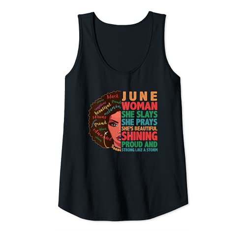 Mujer June Woman She Slays Prays Birthday Black Girl Magic Hair Camiseta sin Mangas