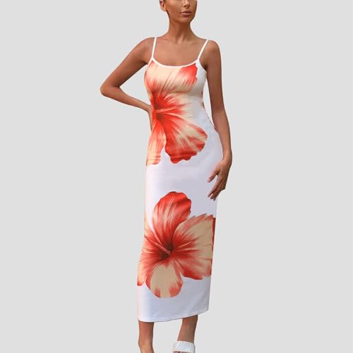 Image of Womens Summer Casual Floral Dresses Spaghetti Strap Bodycon Maxi Beach Dress Elegant Evening Party Long Dresses