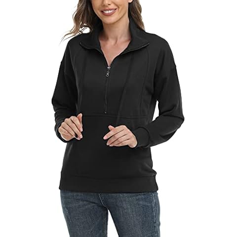 Dilgul Sweatshirts Womens Casual Quarter Zip 1/4 Zip Long Sleeve Pullover Tops with Kangaroo Pockets Black XX-Large Cover