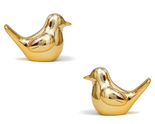 Estatuas pequeñas de pájaro dorado de cerámica set 2 piezas