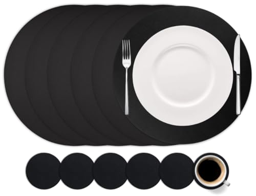 Cookinglife 6 Manteles individuales + 6 Posavasos - Redondo - Cuero vegano - Negro - 12 unidades