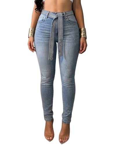 CHICME Women's Rhinestone Skinny Jeans Light Blue High Waisted Stretchy