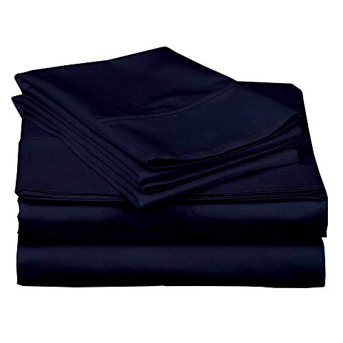 4 Piece Attached Fitted Sheet 100% Cotton Waterbed Sheets (15 Inch Deep) Breathable 500-Thread-Count Ultra Soft Rich Egyptian Cotton (King Waterbed: 72" x 84", Navy Blue Solid)