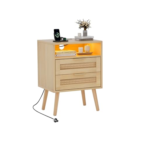 BonVache Mesita de Noche de ratán, luz Ajustable, Enchufe Integrado y Conexiones USB-A y C, Compartimento Abierto y 2 cajones de Estilo Mimbre, Patas de Madera Maciza