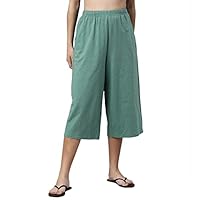 Enamor Essentials Women’s High Waisted Relaxed Fit Capri Length Breathable Pure Cotton Culottes with Pockets & Adjustable Drawstring – E402