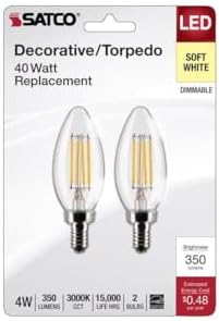Satco S21820 4 Watt B11 LED Bulb, Clear, Candelabra Base, 3000K, 350 Lumens, 120 Volt, 2-Pack