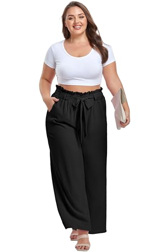 OLRIK Women's Plus Size Pants Summer High Waisted Wide Leg Casual Trousers with Pockets Self-Tie Belt (1X-5X)3