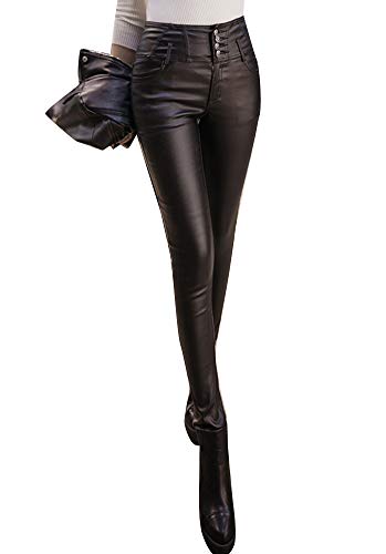 Femme Pantalon en Simili Cuir Taille Haute Leggings Skinny Pantalon Crayon Noir S Cover