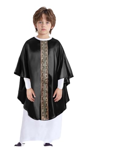 Yruioon - Yruioon Kinder Jungen Arabische Robe Muslimische Thobe + Kreuzkette Abaya Kaftan Mittlerer Osten Dubai Arabische Gebetskleidung Schwarz 170