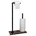 Toilet Paper Holder Stand: Free Standing Toiler Paper Dispenser Bathroom Organizer with Reserve Storage. Industrial Cast Iron Pipe with Stained Woodnen Base. Size: 28" x 15.75"